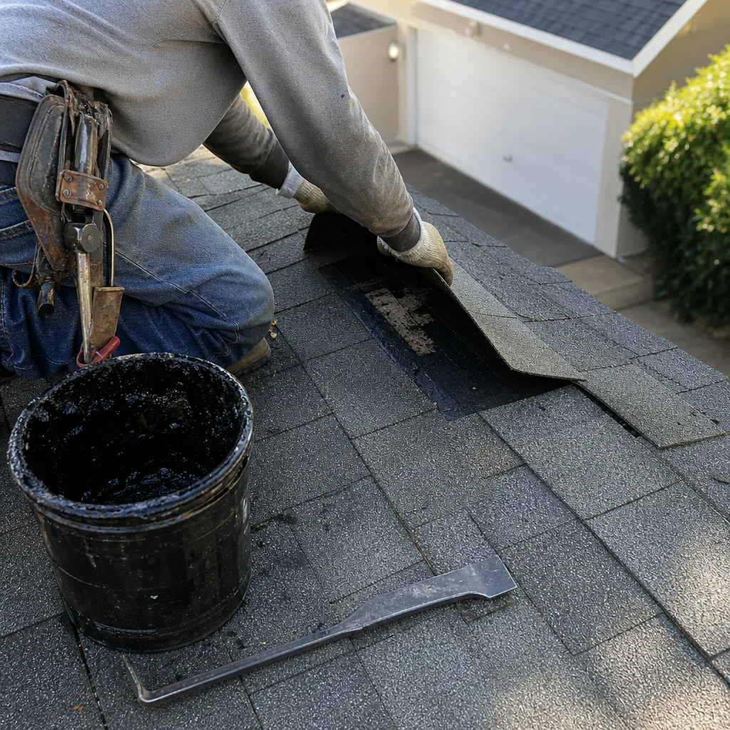 Contractor performing professional roof repair with sealant and tools on shingles