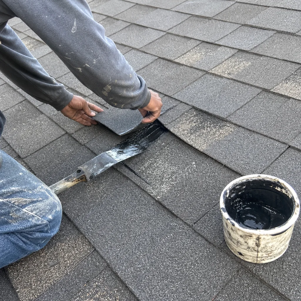 A roofing professional applying black sealant to shingles during a repair.