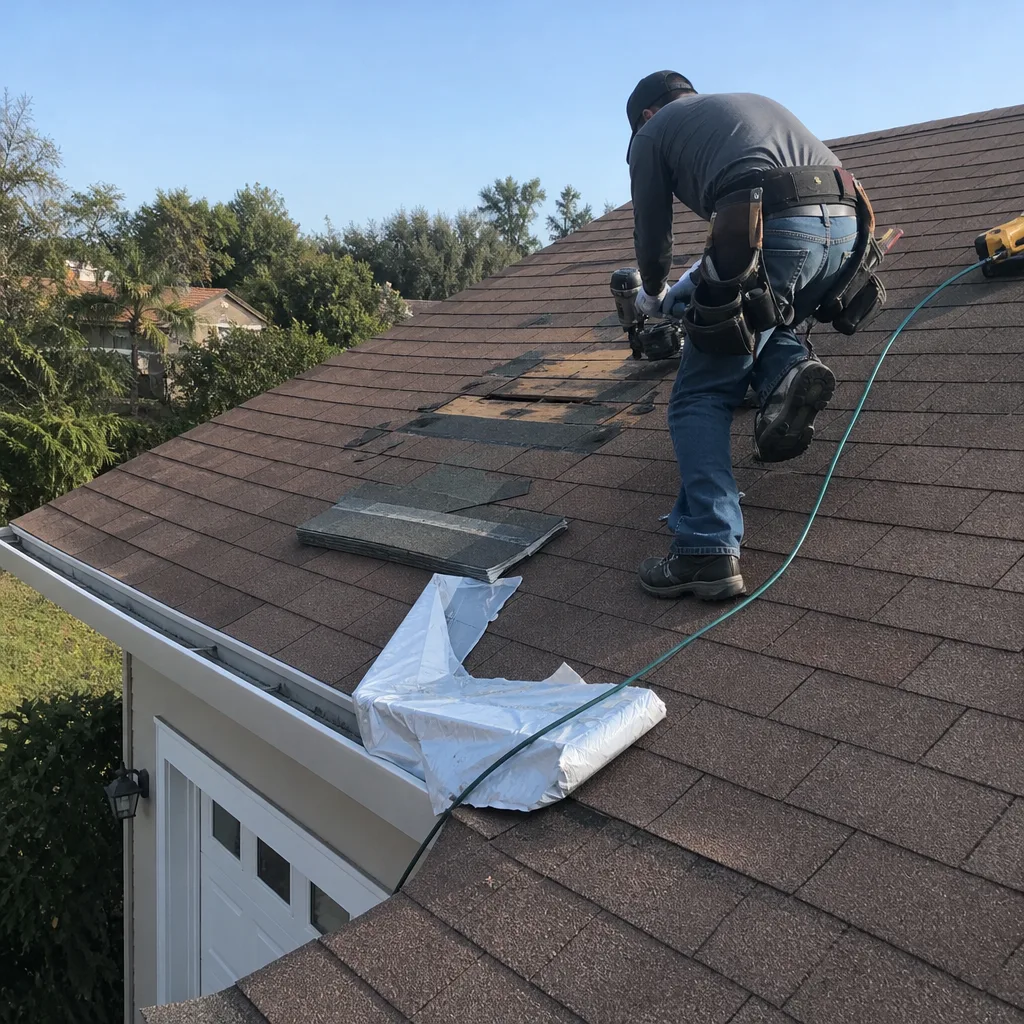 Professional roofer performing shingle replacement and roof repair on a residential home.