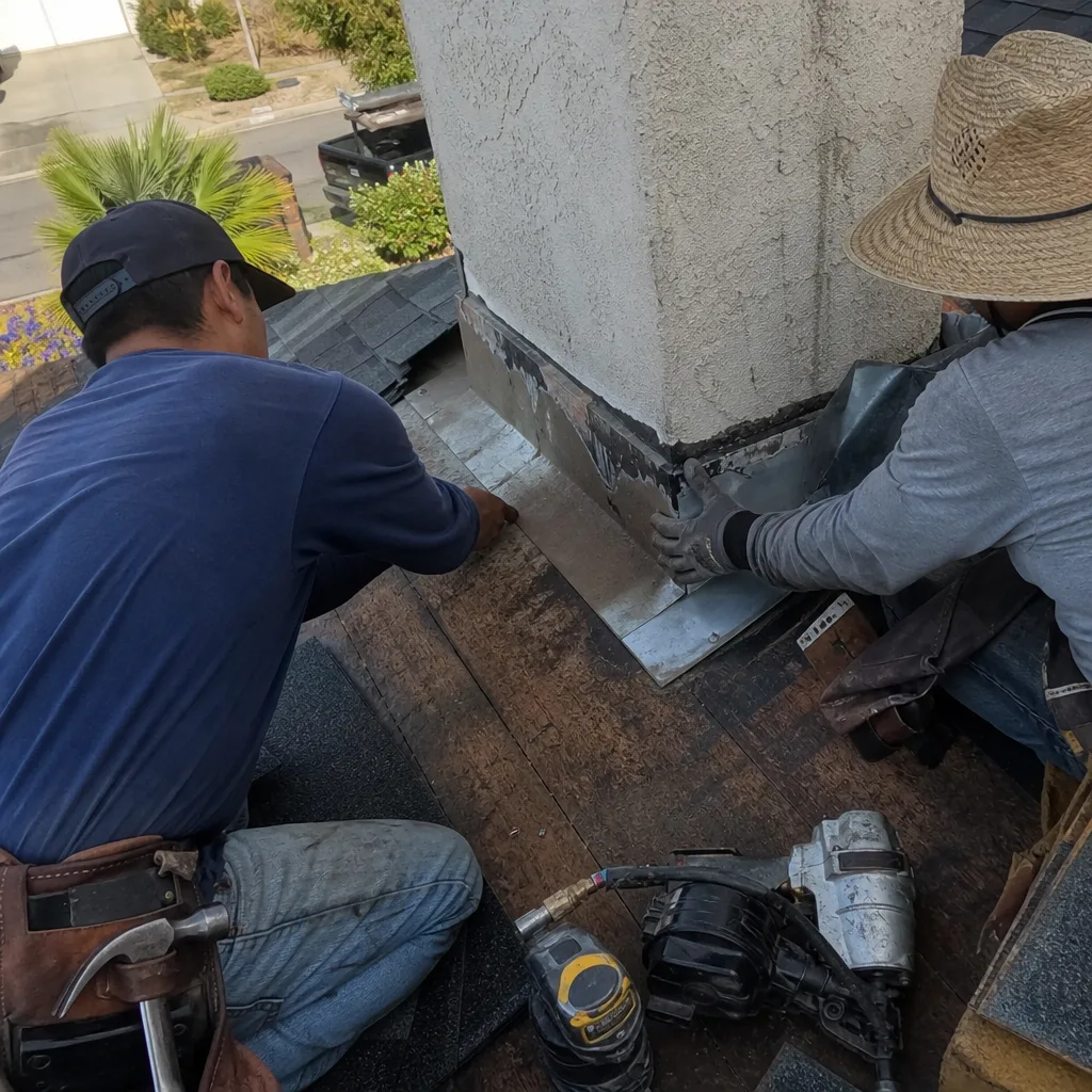 Two professional roofers installing metal chimney flashing on a residential roof