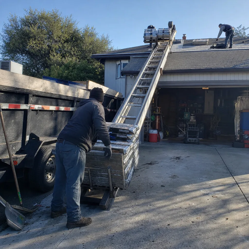 Roofers using a conveyor ladder to load shingles onto a house roof